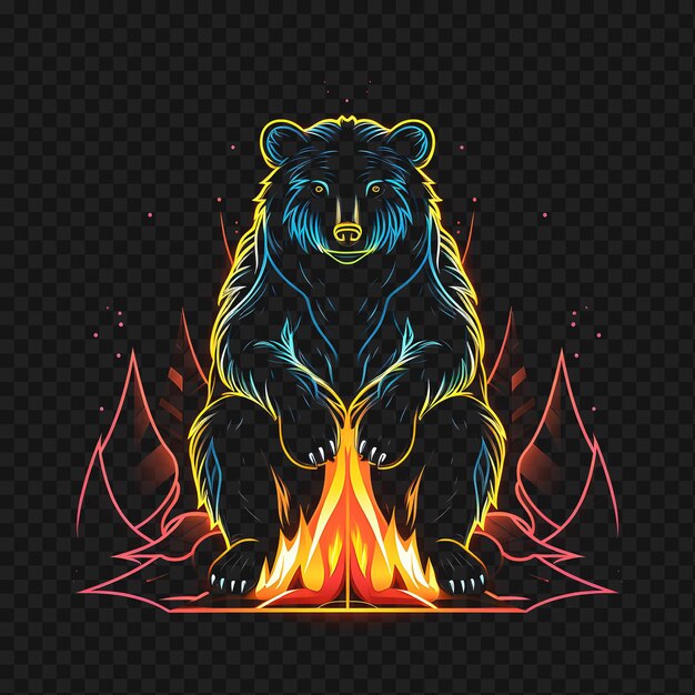 PSD psd de bear wilderness retreat líneas de neón angulares fuego de campamento peludo bo efectos de brillo limpio transparente