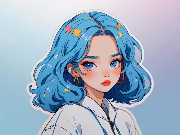 PSD psd beau jeune personnage de dessin animé féminin avec des cheveux bleus isolé autocollant avec bordure blanche