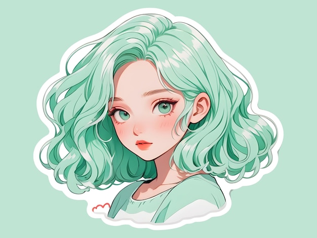 PSD psd beautiful anime girl with mint hair and green eyes sticker with white border