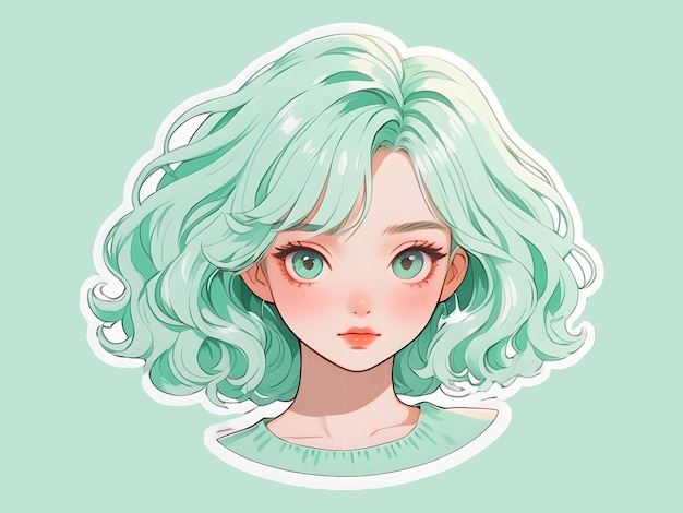 PSD psd beautiful anime girl with mint hair and green eyes sticker with white border