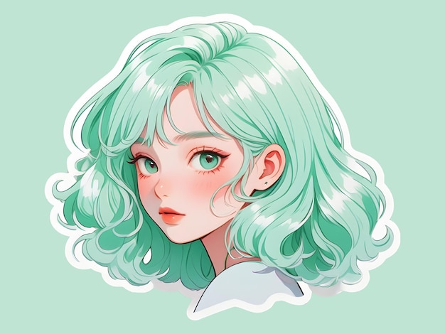 PSD psd beautiful anime girl with mint hair and green eyes sticker with white border