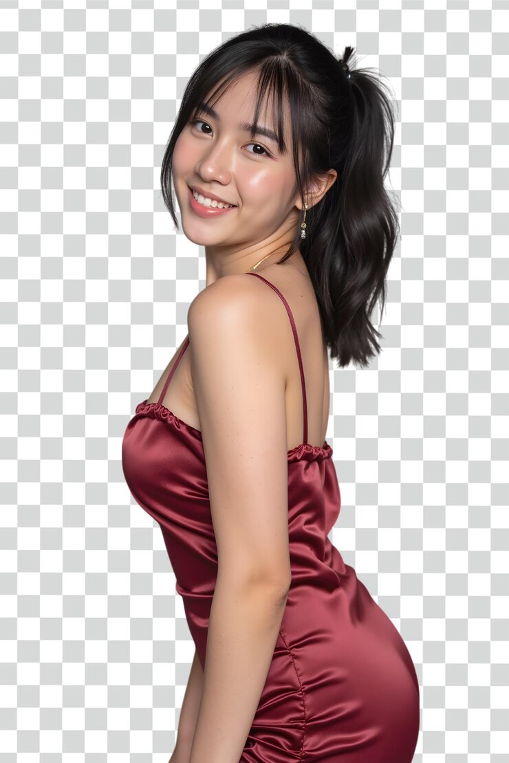 Psd Beautiful Asian woman in a dress smiling on transparent background