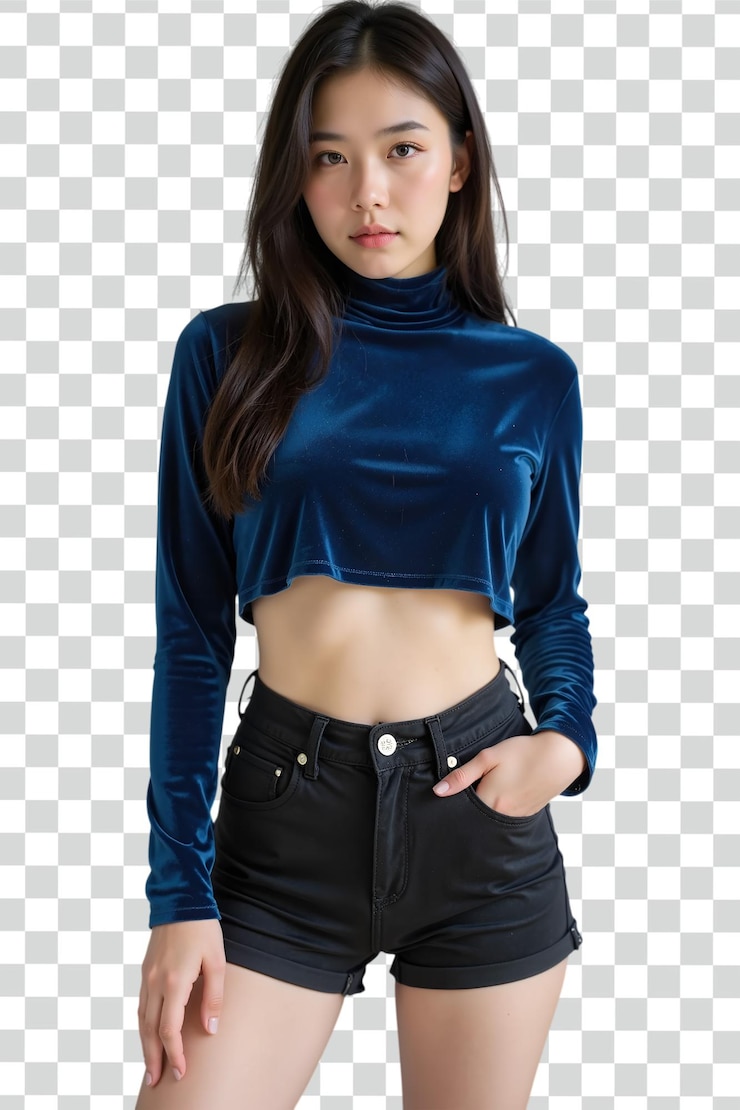 Psd Beautiful Asian woman in velvet longsleeved shirt and black shorts on transparent background