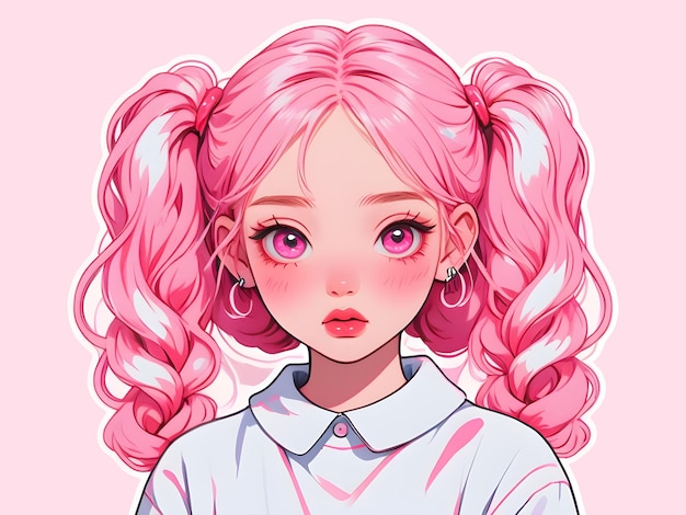 PSD psd bela garota de desenho animado com adesivo de cabelo rosa com borda branca