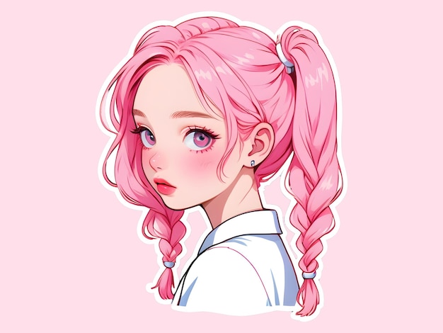 Psd bela garota de desenho animado com adesivo de cabelo rosa com borda branca