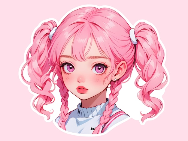 Psd bela garota de desenho animado com adesivo de cabelo rosa com borda branca