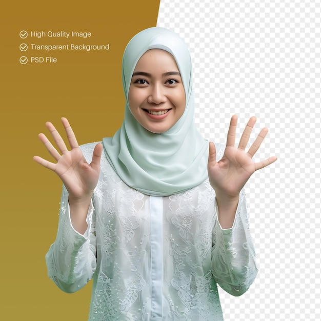 PSD psd bela mulher muçulmana asiática cumprimentando mão pose sorridente fundo isolado