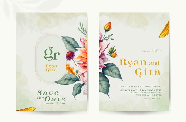 PSD psd belo cartão de convite de casamento com flores de aquarela douradas verdes