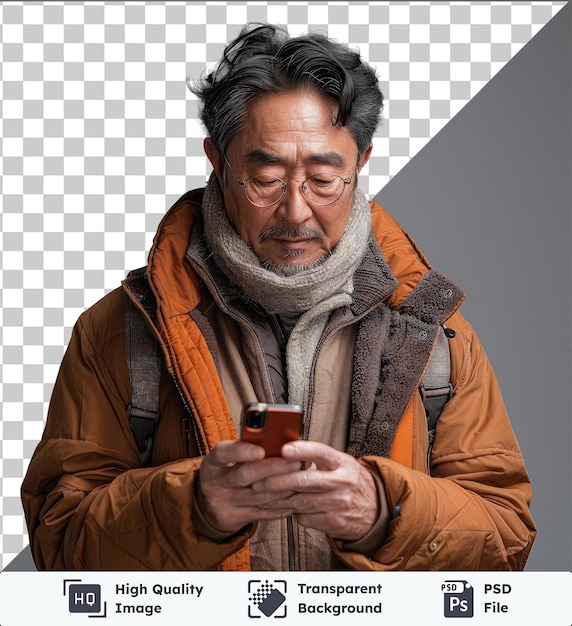 PSD psd-bild erwachsener asiatischer mann denkt etwas, während er auf seinem handy schreibt