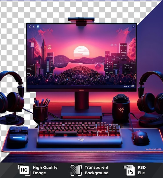 Psd-bild high-end-computer-gaming-setup auf einem holzschreibtisch mit schwarzen kopfhörern eine schwarze tastatur und ein rotes mauspad das setup ist gegen eine lila wand und