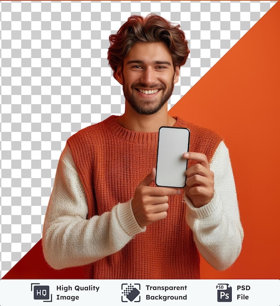 PSD psd-bild-mobile-app-werbung hübscher aufgeregter mann zeigt, zeigt auf den weißen leeren smartphone-bildschirm, posiert über einem orangefarbenen studio und lächelt zur kamera.