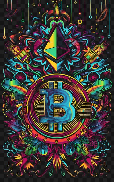 Psd bitcoin e criptomoeda arte descubra cartazes de néon banners flyers para tshirt design collage