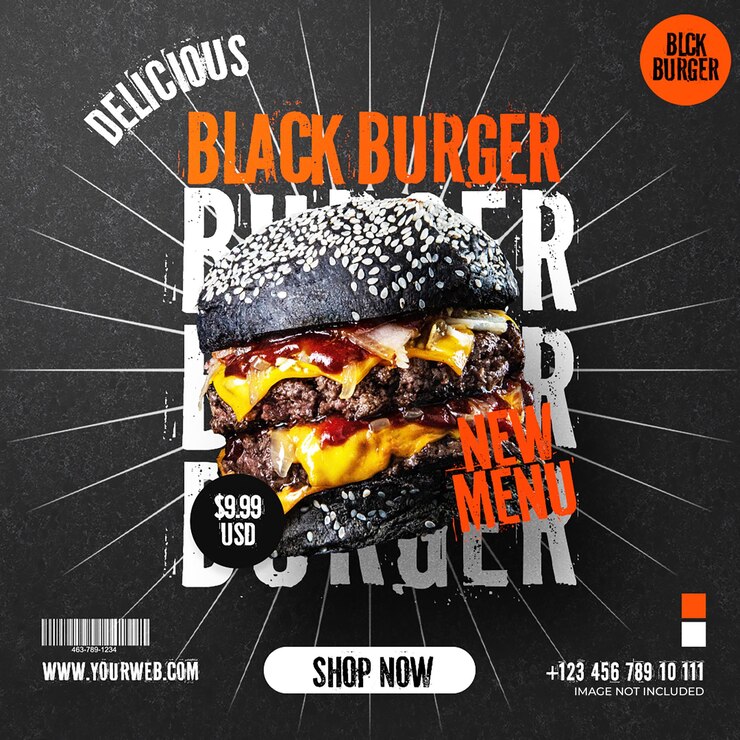 PSD psd black burger food restaurant werbe-design für soziale medien und instagram-post-vorlage