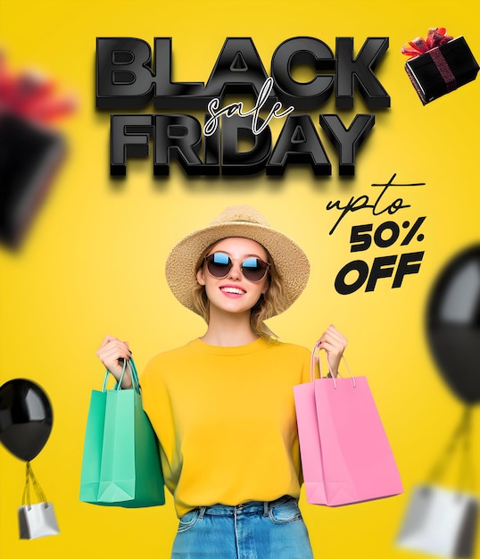 PSD Black Friday fino alla vendita Poster design donna con borsa dello shopping Black Friday Black Friday vendita