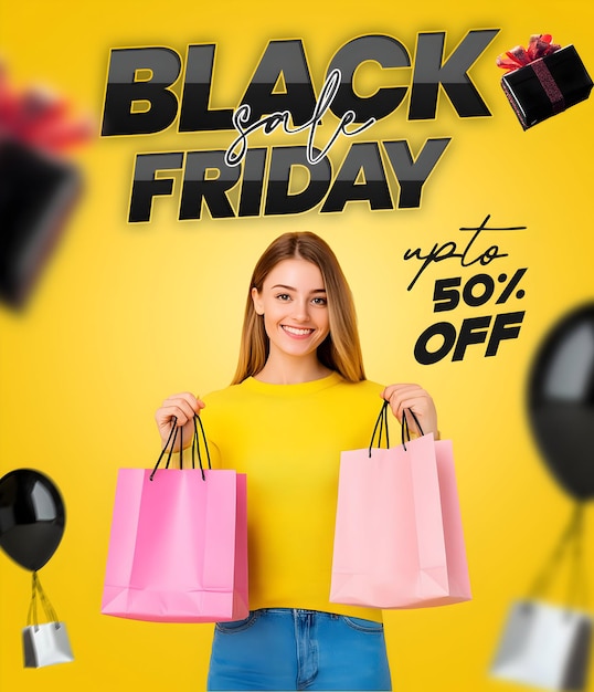 PSD Black Friday fino alla vendita Poster design donna con borsa dello shopping Black Friday Black Friday vendita