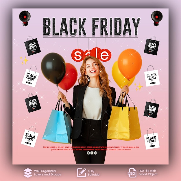 PSD Black Friday Rabatt Verkauf Poster Vorlage mit Frauen Black Friday mit Einkaufstasche