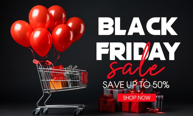 PSD Black Friday sale banner template design con sfondo di scatole regalo nere realistiche di Black Friday