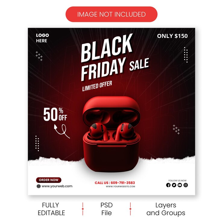 PSD Black Friday Super Earbuds Sale Social-Media-Banner-Vorlage
