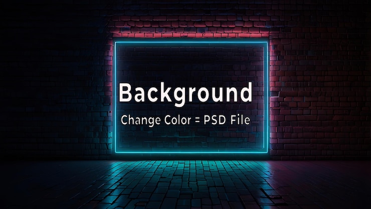 PSD psd-blaues neonlicht auf einer ziegelsteinmauer nachts