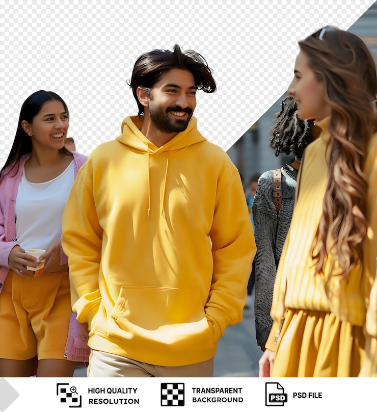 PSD psd bonheur un homme avec une barbe brune et noire se tient devant un bâtiment gris portant une veste jaune et un pantalon khaki brun tandis qu'une femme avec de longs cheveux bruns png