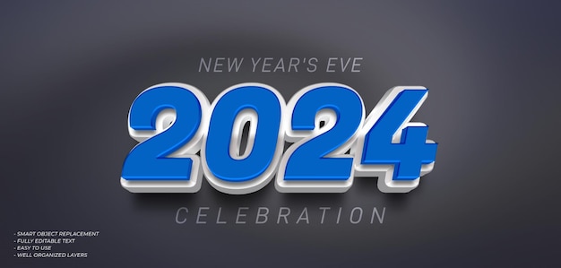 PSD bonne année 2024 effet de texte 3D avec bleu blanc sur le numéro