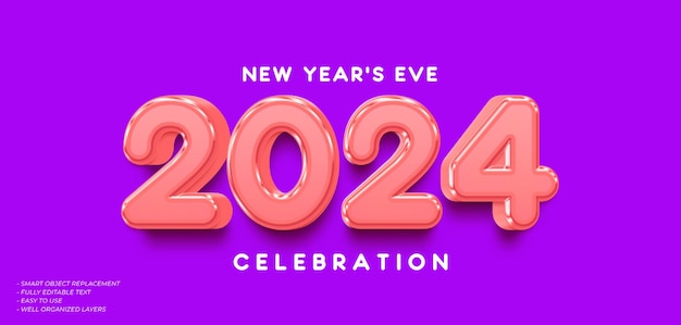 PSD bonne année 2024 effet de texte 3D avec couleur de gradient rose rouge sur le nombre