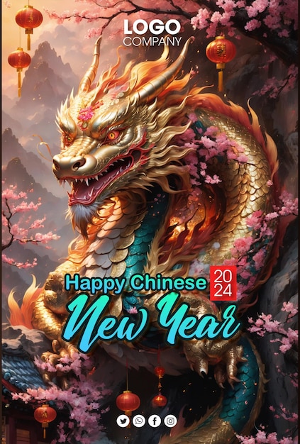 PSD psd bonne année chinoise 2024 le signe du zodiaque du dragon avec des éléments asiatiques de lanterne à fleurs