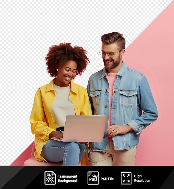 PSD psd bonnes nouvelles souriant jeune adulte mulatte femme assise et homme caucasien debout heureux en regardant dans l'ordinateur portable sur le lieu de travail au bureau png