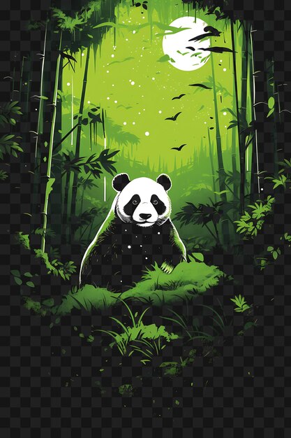 PSD psd de bosque de bambú con pandas verde vibrante y negro color conc plantilla diseño de tatuaje clipart