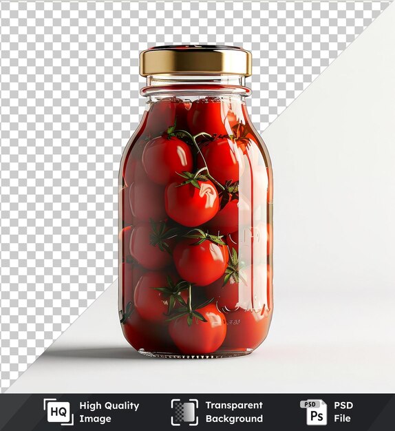 PSD psd con botella de salsa transparente y tomates en el fondo