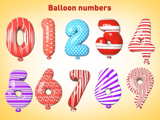 PSD Buntes Ballonsymbol mit ALLEN Zahlen, isolierter Geburtstagsballon