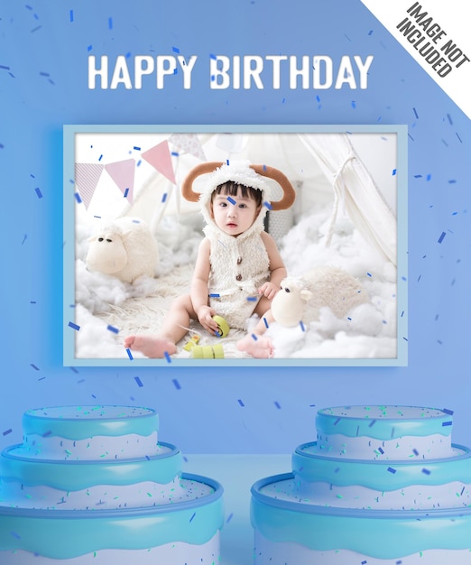 PSD buon compleanno foto mockup sfondo blu 3d reso