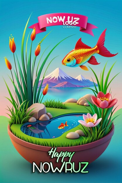 PSD Buon giorno di Nowruz o illustrazione del Capodanno iraniano con erba Semeni e pesce