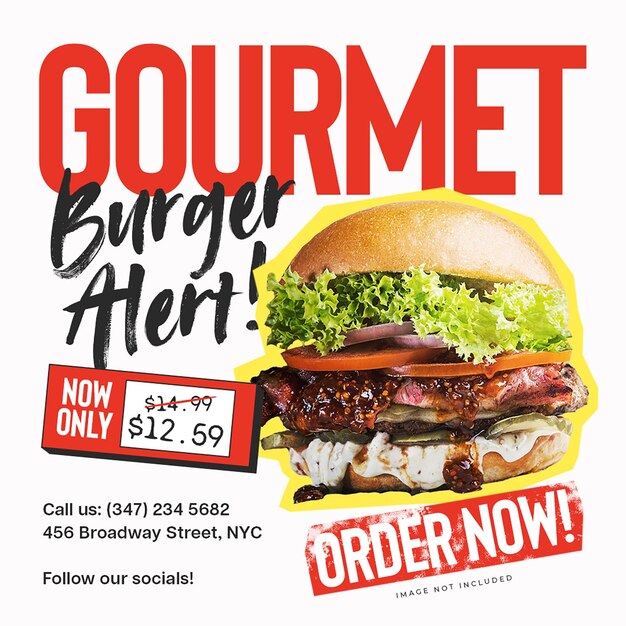 PSD Burger Gourmet Alert Food Promotion Design für soziale Medien und Instagram-Post-Vorlage