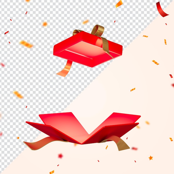 PSD psd caja de regalo 3d abierta con confeti isolado sobre fondo transparente