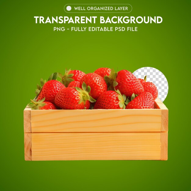 PSD Caja de madera con frutas fresa PNG transparente