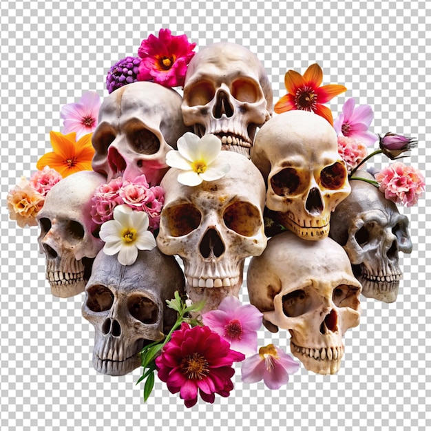 Psd de una calavera y flores sobre un fondo transparente