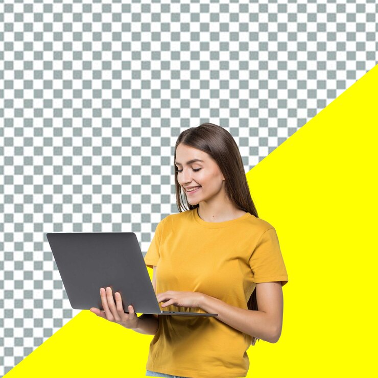 PSD psd en una camisa amarilla está sosteniendo una computadora portátil y un fondo transparente amarillo