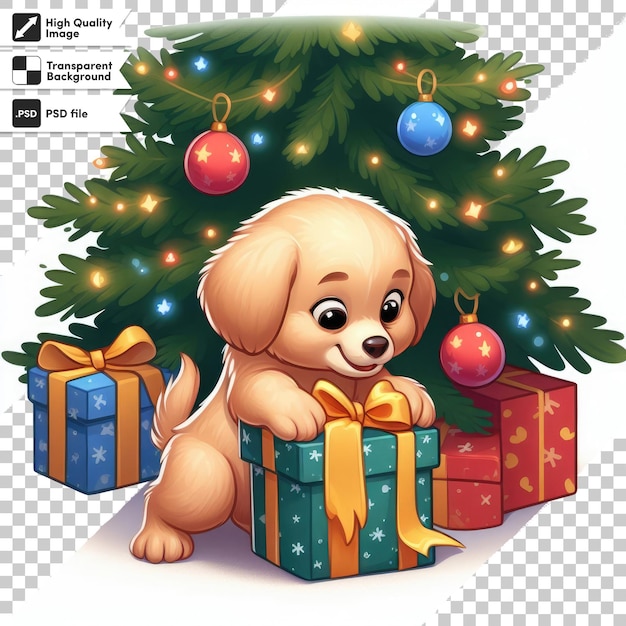 PSD psd cão bonito com chapéu de papai noel e presentes de natal em fundo transparente