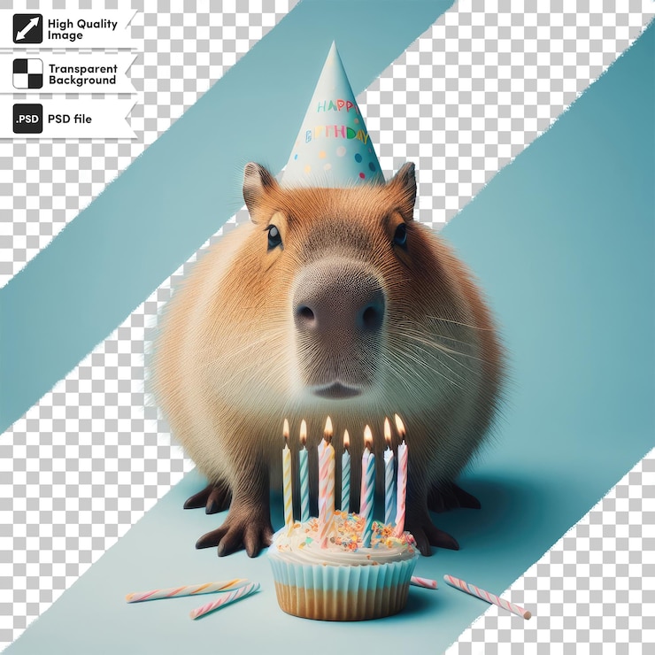 PSD psd capybara divertido con sombrero de celebración sobre fondo transparente