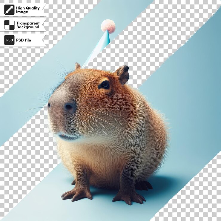 PSD psd capybara divertido con sombrero de celebración sobre fondo transparente
