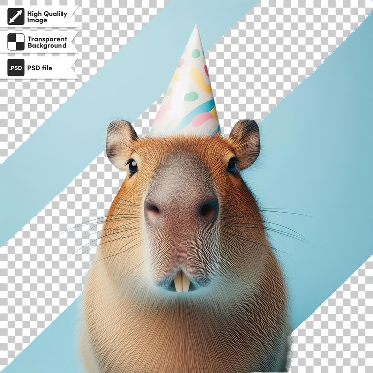 PSD psd capybara divertido con sombrero de celebración sobre fondo transparente