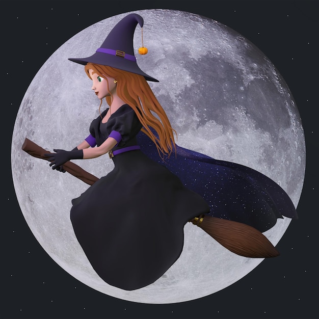 PSD carina strega di Halloween che vola sulla scopa nel cielo notturno con la luna piena