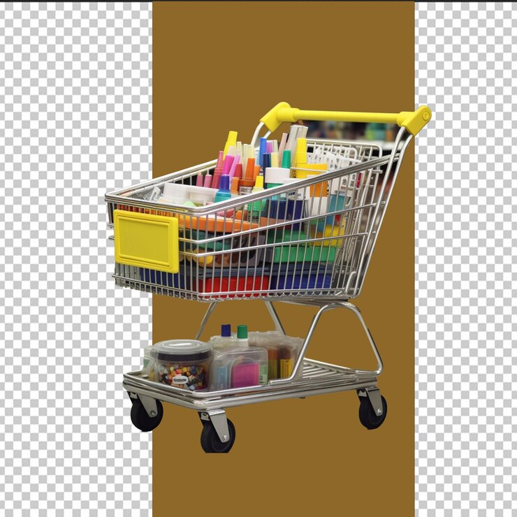 PSD un carrito de compras con una caja que dice un montón de cosas en él con fondo transparente