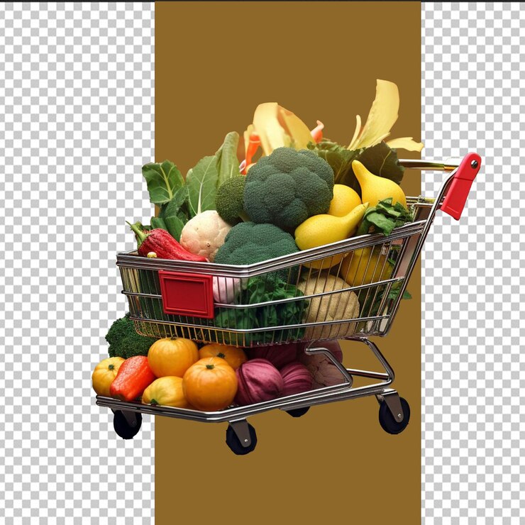 PSD un carrito de compras con una canasta de verduras y con fondo transparente