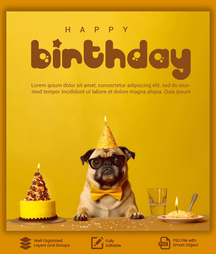 PSD psd cartaz de aniversário de cachorromodelo de convite para festa de cachorro com laço de bolo e fundo amarelo