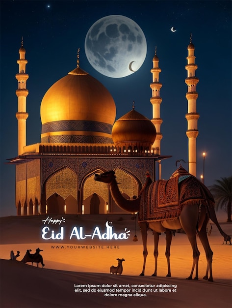 PSD un cartel para el anuncio de eid al adha con un camello delante