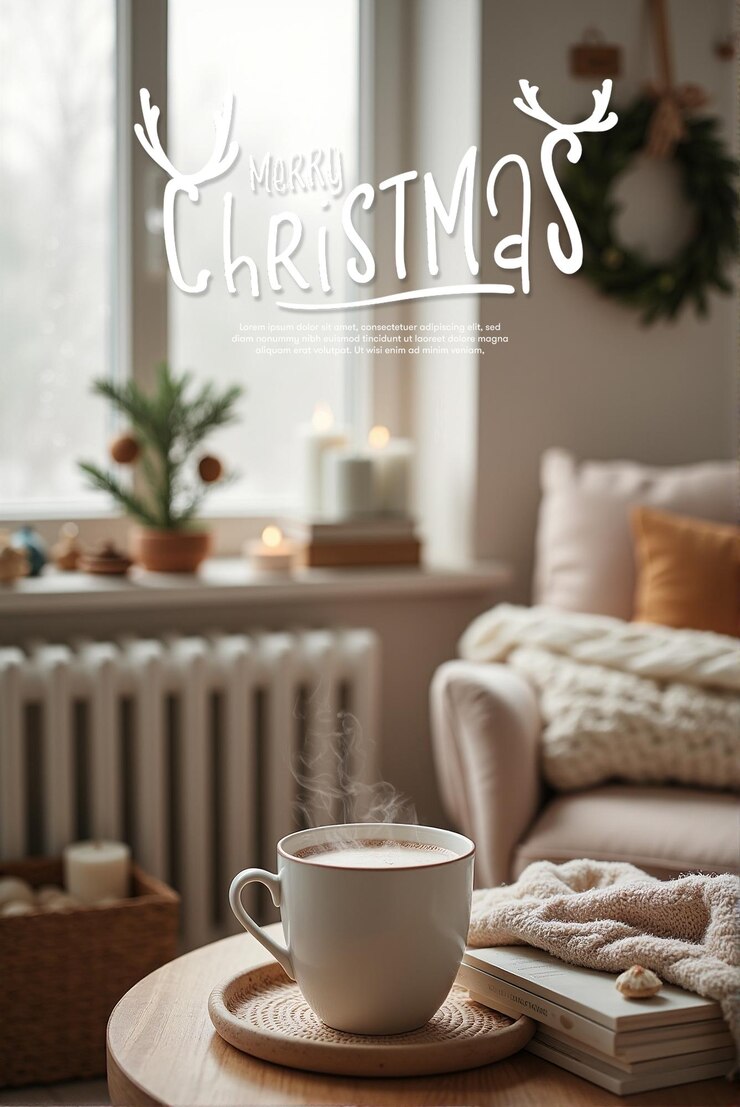 PSD psd cartel de café de navidad copa festiva en mesa de madera para saludos de vacaciones