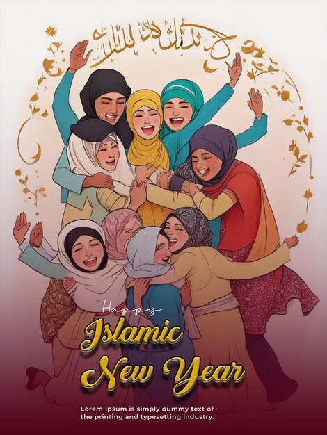 PSD psd cartel de feliz año nuevo islámico con amigos abrazándose en una alegre celebración