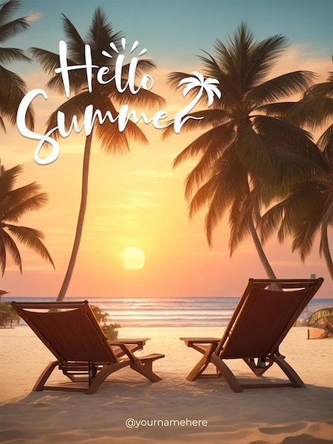 PSD psd un cartel de hola verano con dos tumbonas en la playa.